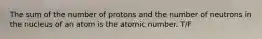 The sum of the number of protons and the number of neutrons in the nucleus of an atom is the atomic number. T/F