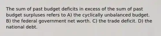 The sum of past budget deficits in excess of the sum of past budget surpluses refers to A) the cyclically unbalanced budget. B) the federal government net worth. C) the trade deficit. D) the national debt.