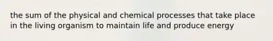 the sum of the physical and chemical processes that take place in the living organism to maintain life and produce energy