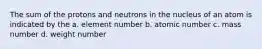 The sum of the protons and neutrons in the nucleus of an atom is indicated by the a. element number b. atomic number c. mass number d. weight number