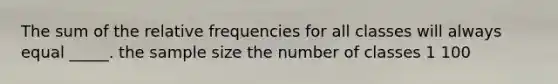 The sum of the relative frequencies for all classes will always equal _____. the sample size the number of classes 1 100