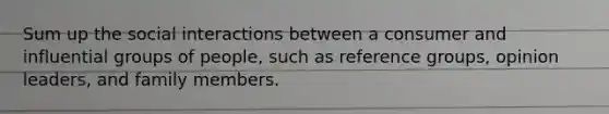 Sum up the social interactions between a consumer and influential groups of people, such as reference groups, opinion leaders, and family members.