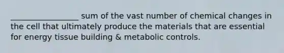 _________________ sum of the vast number of chemical changes in the cell that ultimately produce the materials that are essential for energy tissue building & metabolic controls.