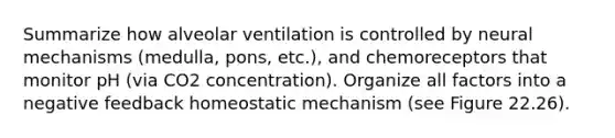 Summarize how alveolar ventilation is controlled by neural mechanisms (medulla, pons, etc.), and chemoreceptors that monitor pH (via CO2 concentration). Organize all factors into a negative feedback homeostatic mechanism (see Figure 22.26).