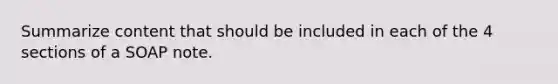 Summarize content that should be included in each of the 4 sections of a SOAP note.