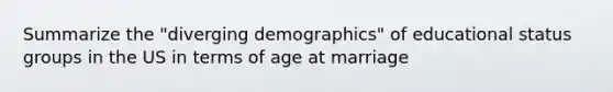 Summarize the "diverging demographics" of educational status groups in the US in terms of age at marriage