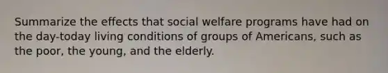 Summarize the effects that social welfare programs have had on the day-today living conditions of groups of Americans, such as the poor, the young, and the elderly.