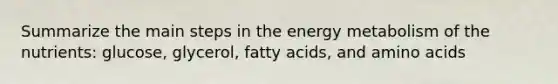 Summarize the main steps in the energy metabolism of the nutrients: glucose, glycerol, fatty acids, and amino acids