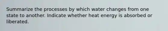 Summarize the processes by which water changes from one state to another. Indicate whether heat energy is absorbed or liberated.