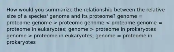 How would you summarize the relationship between the relative size of a species' genome and its proteome? genome = proteome genome > proteome genome proteome in prokaryotes genome > proteome in eukaryotes; genome = proteome in prokaryotes