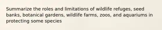 Summarize the roles and limitations of wildlife refuges, seed banks, botanical gardens, wildlife farms, zoos, and aquariums in protecting some species