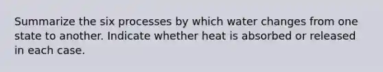 Summarize the six processes by which water changes from one state to another. Indicate whether heat is absorbed or released in each case.