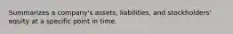 Summarizes a company's assets, liabilities, and stockholders' equity at a specific point in time.