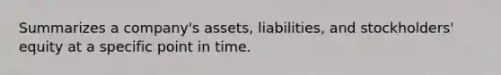 Summarizes a company's assets, liabilities, and stockholders' equity at a specific point in time.