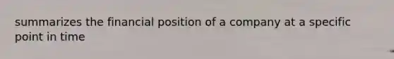 summarizes the financial position of a company at a specific point in time