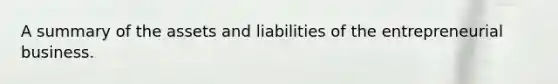 A summary of the assets and liabilities of the entrepreneurial business.