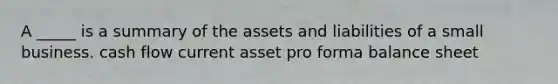 A _____ is a summary of the assets and liabilities of a small business. cash flow current asset pro forma balance sheet