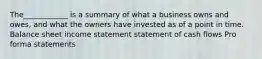 The____________ is a summary of what a business owns and owes, and what the owners have invested as of a point in time. Balance sheet income statement statement of cash flows Pro forma statements