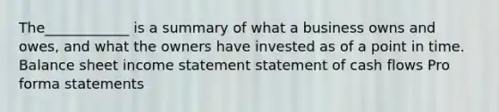 The____________ is a summary of what a business owns and owes, and what the owners have invested as of a point in time. Balance sheet income statement statement of cash flows Pro forma statements