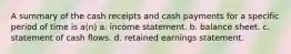 A summary of the cash receipts and cash payments for a specific period of time is a(n) a. income statement. b. balance sheet. c. statement of cash flows. d. retained earnings statement.