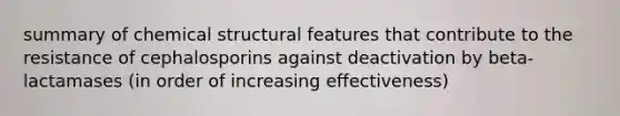 summary of chemical structural features that contribute to the resistance of cephalosporins against deactivation by beta-lactamases (in order of increasing effectiveness)