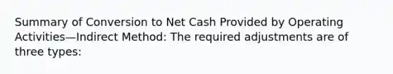 Summary of Conversion to Net Cash Provided by Operating Activities—Indirect Method: The required adjustments are of three types: