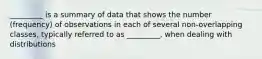 _________ is a summary of data that shows the number (frequency) of observations in each of several non-overlapping classes, typically referred to as _________, when dealing with distributions