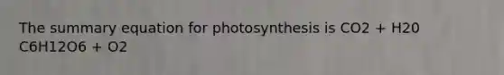 The summary equation for photosynthesis is CO2 + H20 C6H12O6 + O2