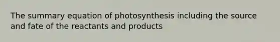 The summary equation of photosynthesis including the source and fate of the reactants and products