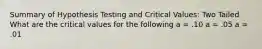 Summary of Hypothesis Testing and Critical Values: Two Tailed What are the critical values for the following a = .10 a = .05 a = .01