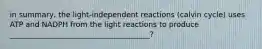 in summary, the light-independent reactions (calvin cycle) uses ATP and NADPH from the light reactions to produce ______________________________________?