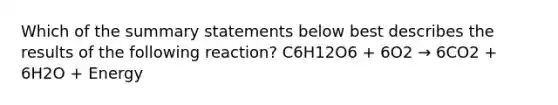 Which of the summary statements below best describes the results of the following reaction? C6H12O6 + 6O2 → 6CO2 + 6H2O + Energy