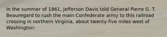 In the summer of 1861, Jefferson Davis told General Pierre G. T. Beauregard to rush the main Confederate army to this railroad crossing in northern Virginia, about twenty-five miles west of Washington: