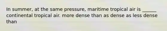 In summer, at the same pressure, maritime tropical air is ______ continental tropical air. more dense than as dense as less dense than