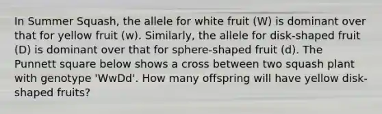 In Summer Squash, the allele for white fruit (W) is dominant over that for yellow fruit (w). Similarly, the allele for disk-shaped fruit (D) is dominant over that for sphere-shaped fruit (d). The Punnett square below shows a cross between two squash plant with genotype 'WwDd'. How many offspring will have yellow disk-shaped fruits?