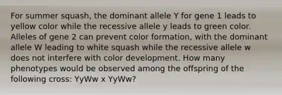 For summer squash, the dominant allele Y for gene 1 leads to yellow color while the recessive allele y leads to green color. Alleles of gene 2 can prevent color formation, with the dominant allele W leading to white squash while the recessive allele w does not interfere with color development. How many phenotypes would be observed among the offspring of the following cross: YyWw x YyWw?