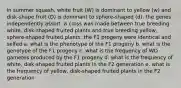 in summer squash, white fruit (W) is dominant to yellow (w) and disk-shape fruit (D) is dominant to sphere-shaped (d). the genes independently assort. a cross was made between true breeding white, disk-shaped fruited plants and true breeding yellow, sphere-shaped fruited plants. the F1 progeny were identical and selfed a. what is the phenotype of the F1 progeny b. what is the genotype of the F1 progeny c. what is the frequency of WD gametes produced by the F1 progeny d. what is the frequency of white, disk-shaped fruited plants in the F2 generation e. what is the frequency of yellow, disk-shaped fruited plants in the F2 generation