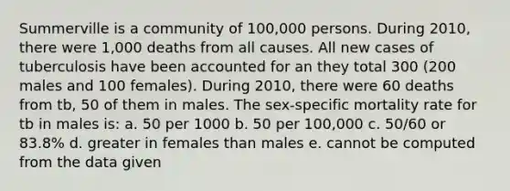 Summerville is a community of 100,000 persons. During 2010, there were 1,000 deaths from all causes. All new cases of tuberculosis have been accounted for an they total 300 (200 males and 100 females). During 2010, there were 60 deaths from tb, 50 of them in males. The sex-specific mortality rate for tb in males is: a. 50 per 1000 b. 50 per 100,000 c. 50/60 or 83.8% d. greater in females than males e. cannot be computed from the data given