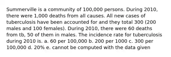 Summerville is a community of 100,000 persons. During 2010, there were 1,000 deaths from all causes. All new cases of tuberculosis have been accounted for and they total 300 (200 males and 100 females). During 2010, there were 60 deaths from tb, 50 of them in males. The incidence rate for tuberculosis during 2010 is. a. 60 per 100,000 b. 200 per 1000 c. 300 per 100,000 d. 20% e. cannot be computed with the data given