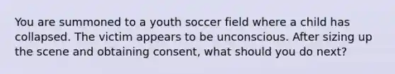 You are summoned to a youth soccer field where a child has collapsed. The victim appears to be unconscious. After sizing up the scene and obtaining consent, what should you do next?