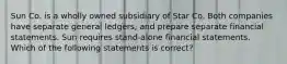 Sun Co. is a wholly owned subsidiary of Star Co. Both companies have separate general ledgers, and prepare separate financial statements. Sun requires stand-alone financial statements. Which of the following statements is correct?