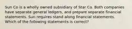 Sun Co is a wholly owned subsidiary of Star Co. Both companies have separate general ledgers, and prepare separate financial statements. Sun requires stand along financial statements. Which of the following statements is correct?