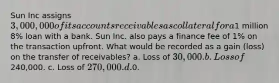 Sun Inc assigns 3,000,000 of its accounts receivables as collateral for a1 million 8% loan with a bank. Sun Inc. also pays a finance fee of 1% on the transaction upfront. What would be recorded as a gain (loss) on the transfer of receivables? a. Loss of 30,000. b. Loss of240,000. c. Loss of 270,000. d.0.