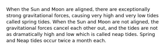 When the Sun and Moon are aligned, there are exceptionally strong gravitational forces, causing very high and very low tides called spring tides. When the Sun and Moon are not aligned, the gravitational forces cancel each other out, and the tides are not as dramatically high and low which is called neap tides. Spring and Neap tides occur twice a month each.