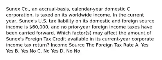 Sunex Co., an accrual-basis, calendar-year domestic C corporation, is taxed on its worldwide income. In the current year, Sunex's U.S. tax liability on its domestic and foreign source income is 60,000, and no prior-year foreign income taxes have been carried forward. Which factor(s) may affect the amount of Sunex's Foreign Tax Credit available in its current-year corporate income tax return? Income Source The Foreign Tax Rate A. Yes Yes B. Yes No C. No Yes D. No No