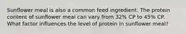 Sunflower meal is also a common feed ingredient. The protein content of sunflower meal can vary from 32% CP to 45% CP. What factor influences the level of protein in sunflower meal?