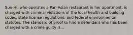 Sun-Hi, who operates a Pan-Asian restaurant in her apartment, is charged with criminal violations of the local health and building codes, state license regulations, and federal environmental statutes. The standard of proof to find a defendant who has been charged with a crime guilty is...