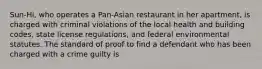 Sun-Hi, who operates a Pan-Asian restaurant in her apartment, is charged with criminal violations of the local health and building codes, state license regulations, and federal environmental statutes. The standard of proof to find a defendant who has been charged with a crime guilty is​