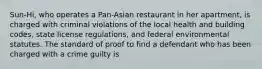 Sun-Hi, who operates a Pan-Asian restaurant in her apartment, is charged with criminal violations of the local health and building codes, state license regulations, and federal environmental statutes. The standard of proof to find a defendant who has been charged with a crime guilty is