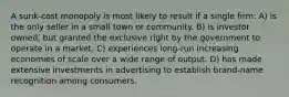 A sunk-cost monopoly is most likely to result if a single firm: A) is the only seller in a small town or community. B) is investor owned, but granted the exclusive right by the government to operate in a market. C) experiences long-run increasing economies of scale over a wide range of output. D) has made extensive investments in advertising to establish brand-name recognition among consumers.